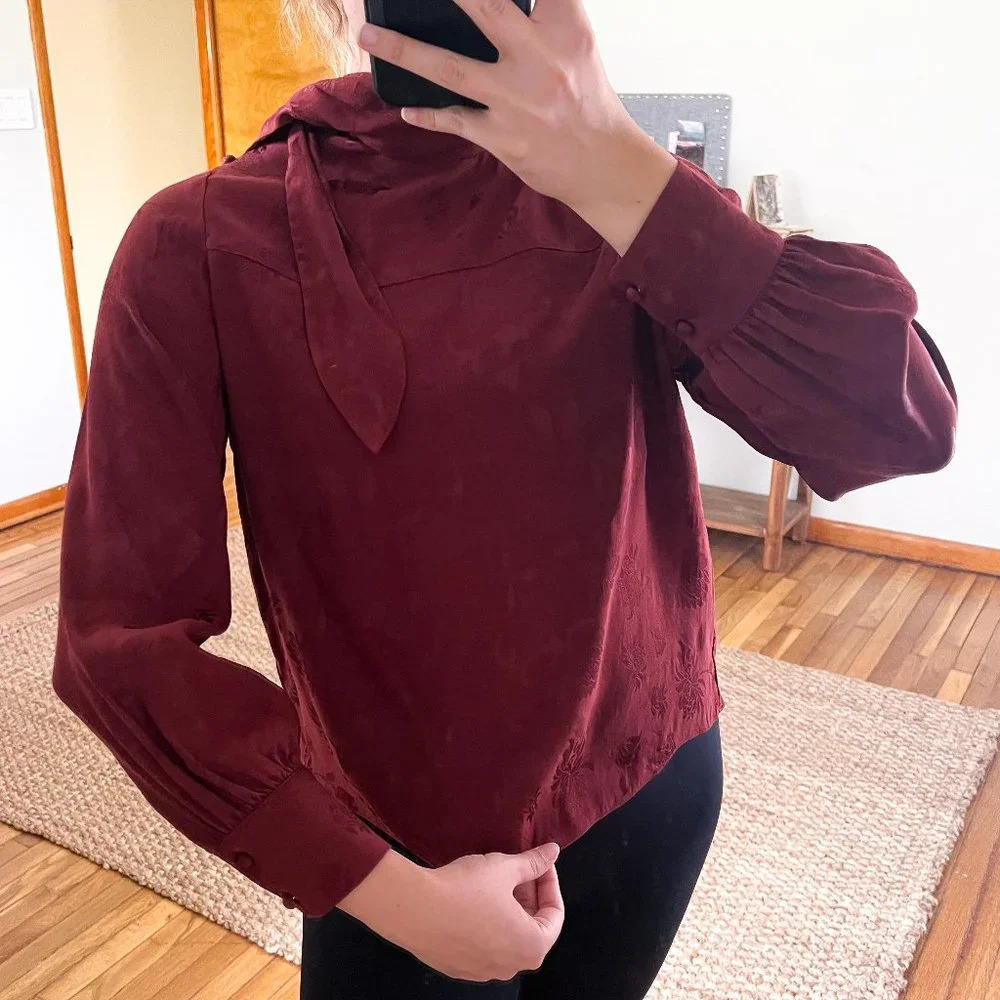 Wilfred Maroon Bronze Satin Floral Tie Neck Bohemian Classic Blouse Small